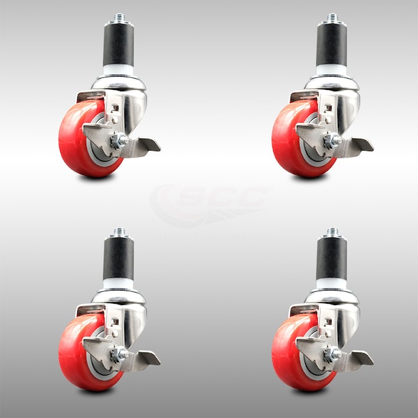 Service Caster 3 Inch 316SS Red Poly Swivel 1-1/2 Inch Expanding Stem Caster Set Brake SCC SCC-SS316EX20S314-PPUB-RED-TLB-112-4 - main